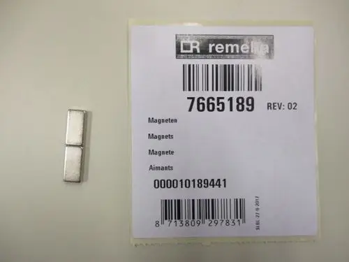 Zwei rechteckige Magnete der Marke Remeha neben einem Etikett mit Artikelnummer und Informationen in mehreren Sprachen.